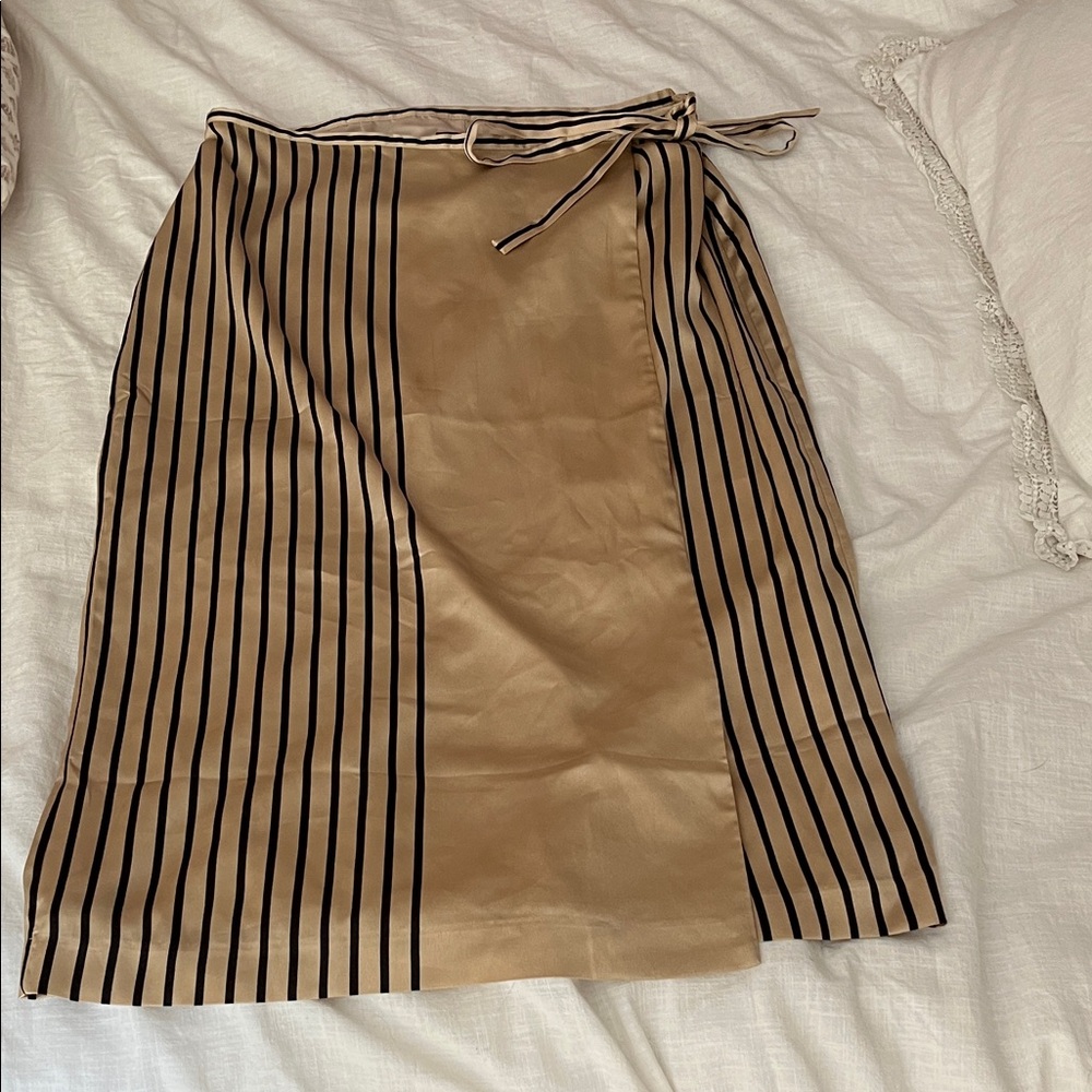 Ann Taylor Tan and Black Striped Midi Wrap Skirt